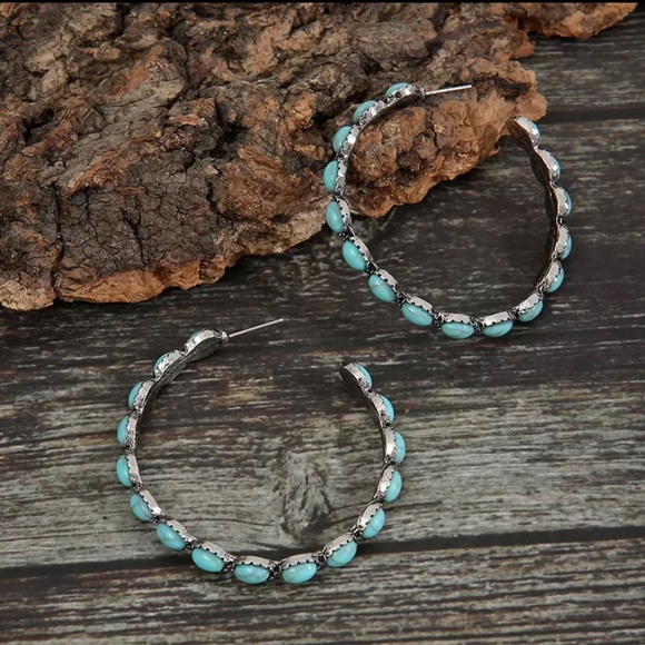 Beautiful Boho Turquoise and Silver Hoop Earrings - Picture 6 of 6